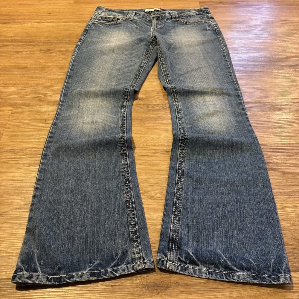 Y2K Aeropostale Skinny Flare Jeans Womens 9/10 Low Rise Distressed Whisker Fade